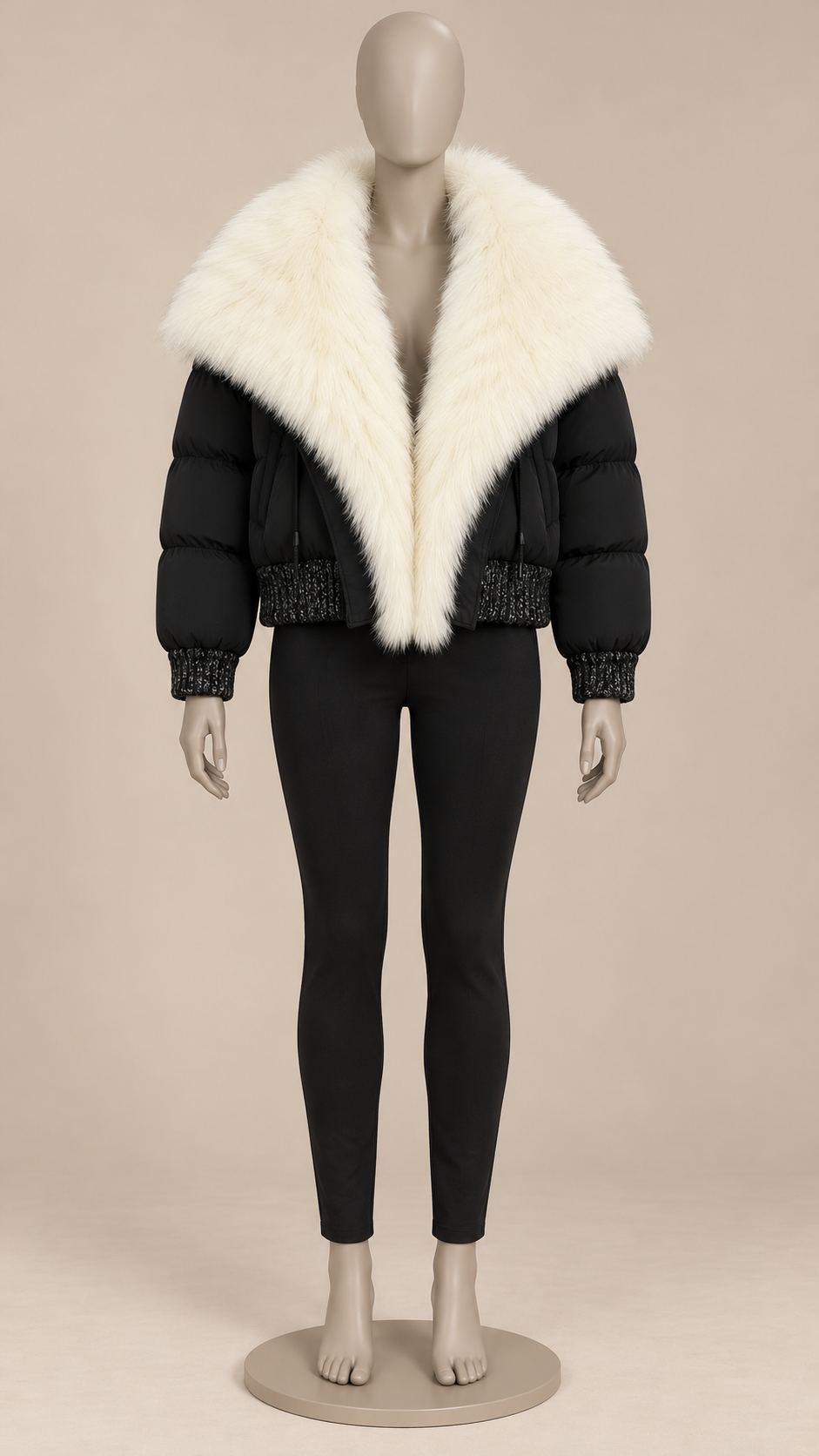 Svetlana Fox-Collar Puffer — Black & Ivory mannequin front