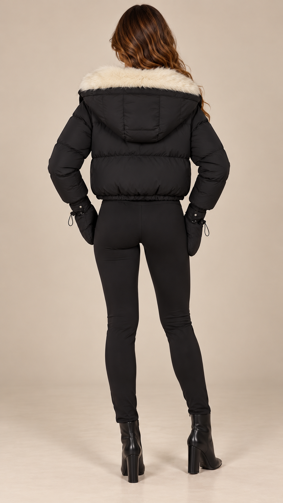 Anastasia Fox-Stole Hooded Puffer — Black & Ivory model back