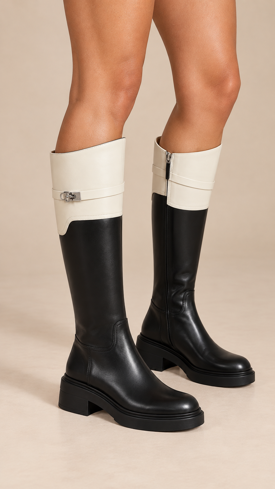 Bettany Contrast-Cuff Boot — Black & Ivory worn closeup