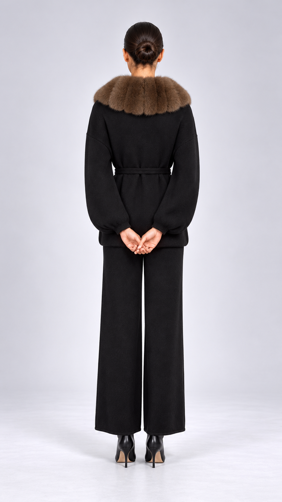 Margit Fox-Collar Knit Set — Black + Light Coffee model back
