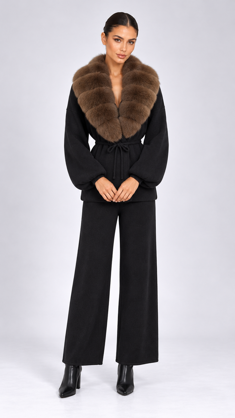 Margit Fox-Collar Knit Set — Black + Light Coffee model front