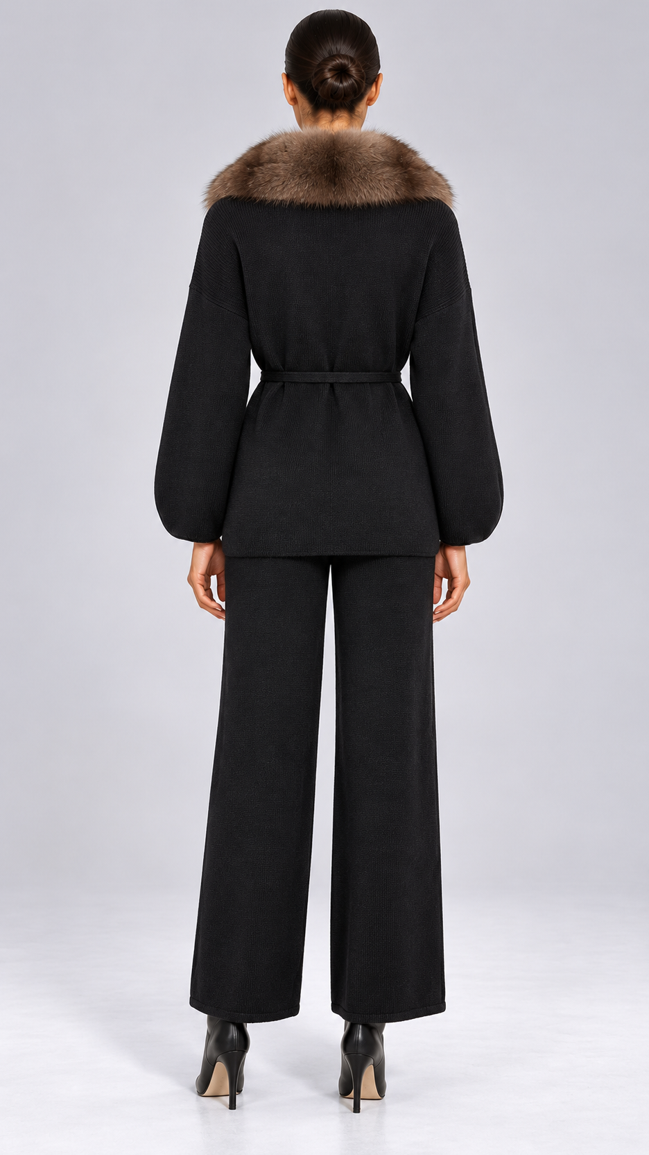 Margit Fox-Collar Knit Set — Black + Mink model back