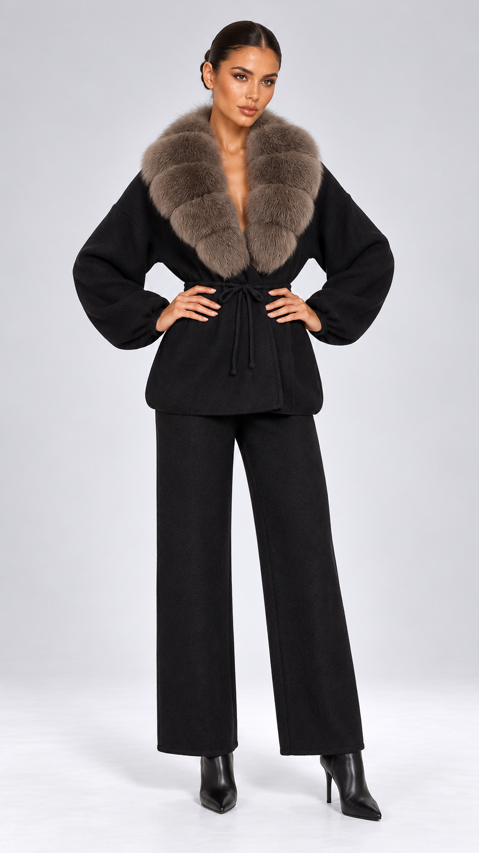 Margit Fox-Collar Knit Set — Black + Mocha Gray model front