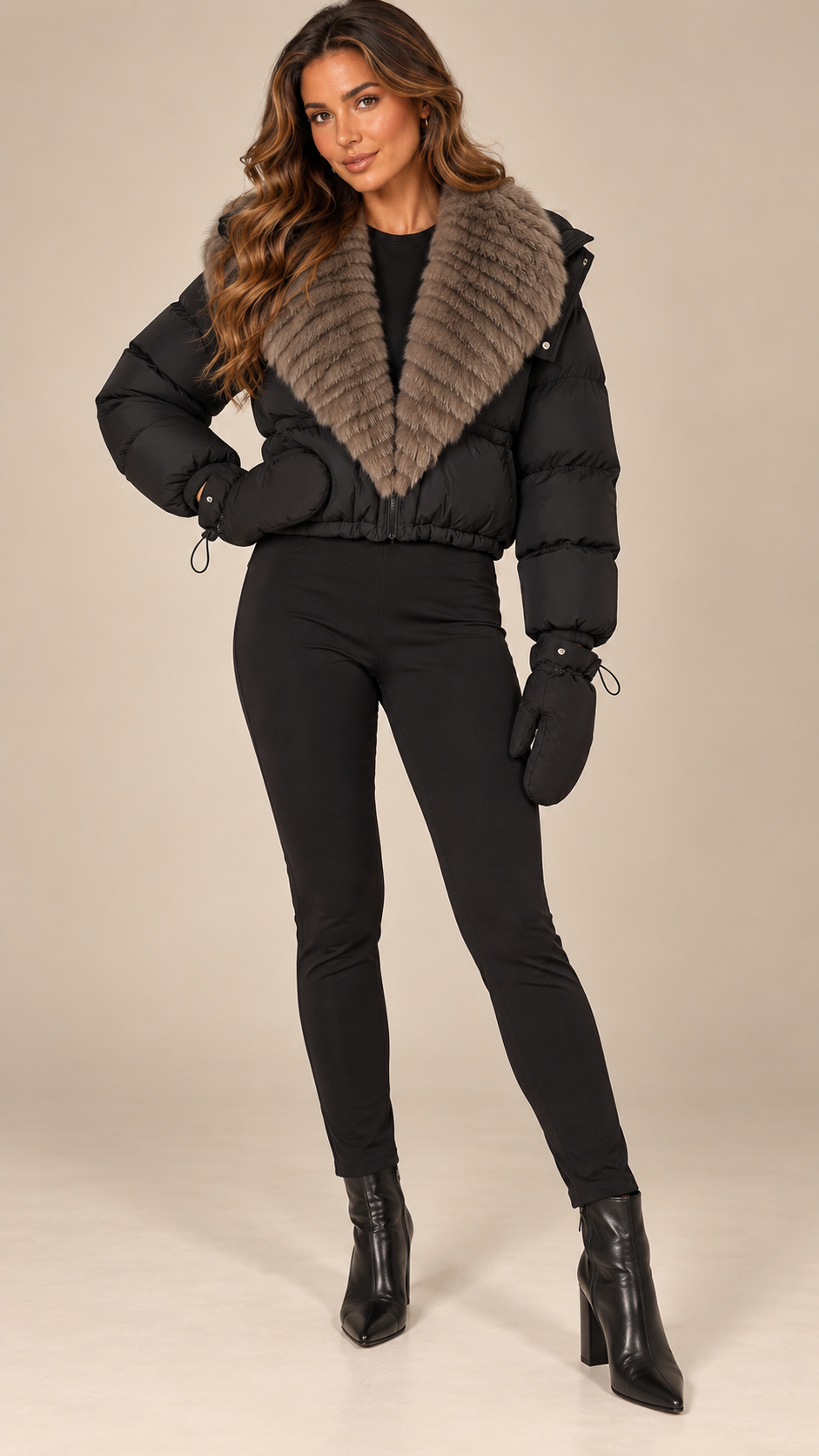 Anastasia Fox-Stole Hooded Puffer — Black & Taupe model front