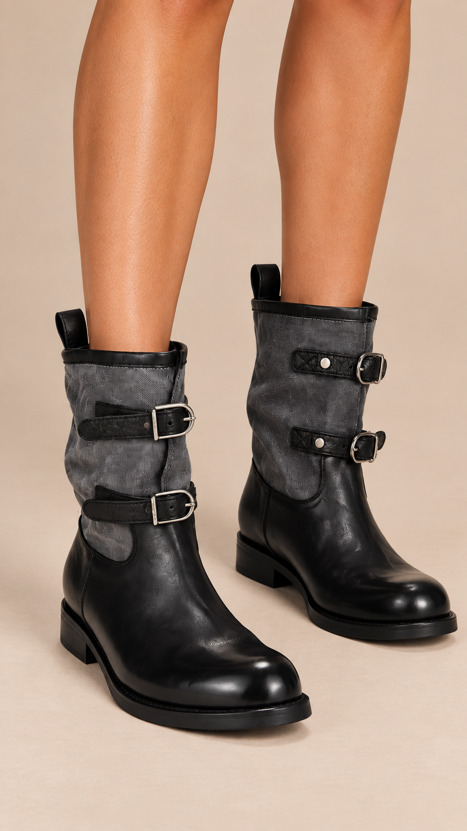 Rowena Buckled Boots — Black Gray worn closeup