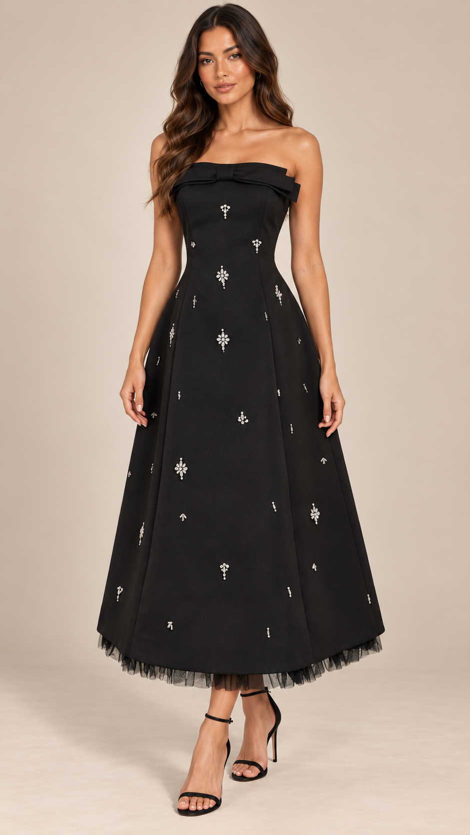 Eulalie Crystal Bandeau Dress — Black Long model front