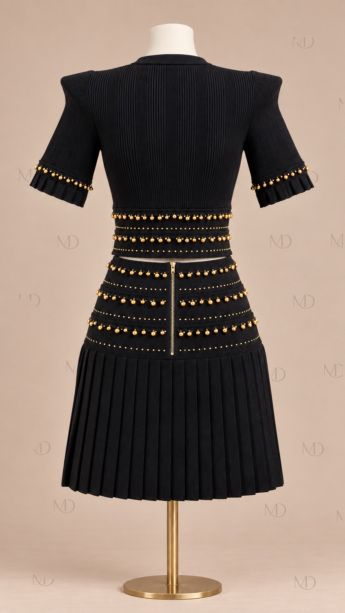Odette Bell-Trim Knit Skirt Set — Black mannequin back