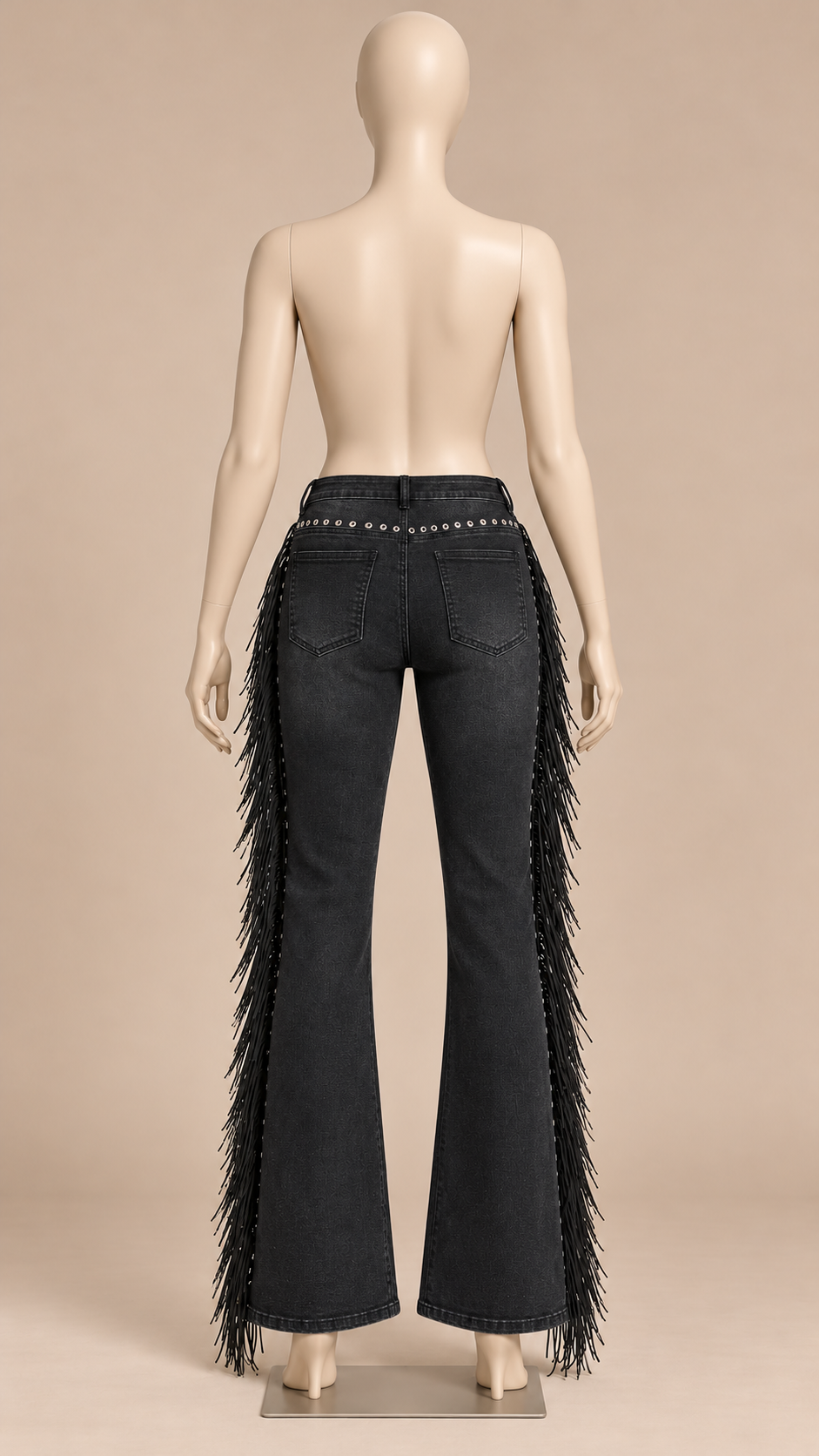 Saffira Fringe-Eyelet Jeans — Black mannequin back