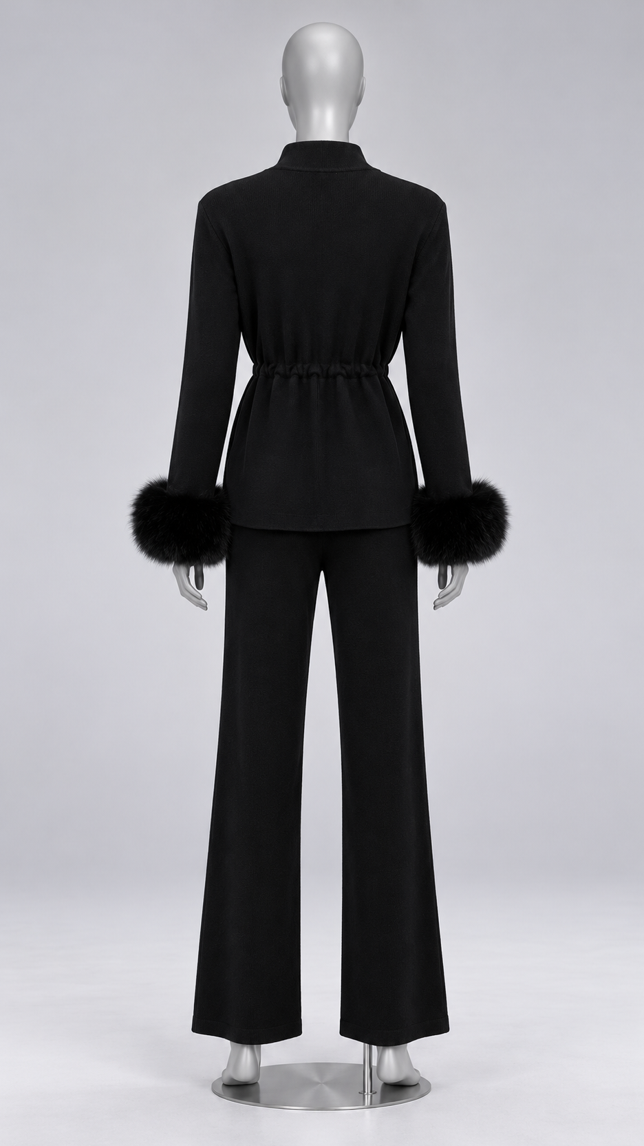 Solveig Tie-Waist Fur Set — Black mannequin back