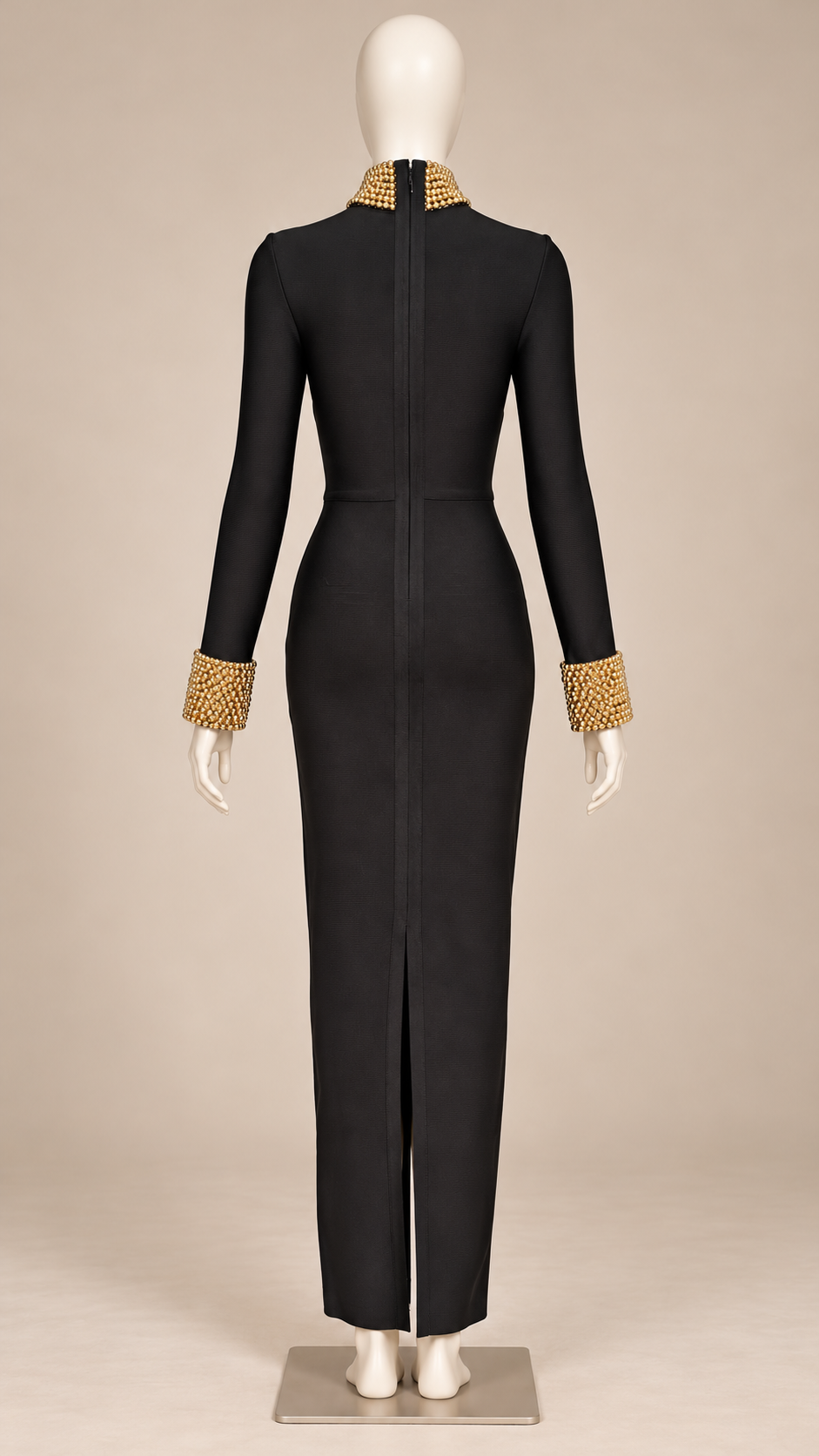 Zaira Gilded-Cuff Bandage Maxi — Black mannequin back