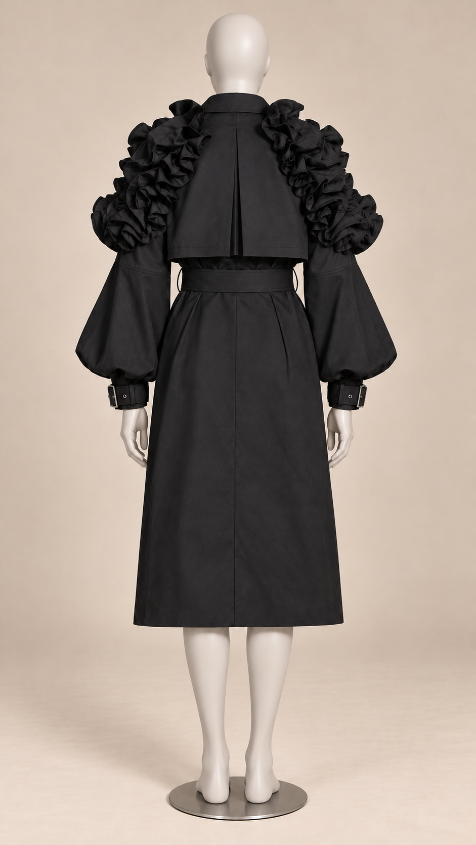 Sorcha Ruffle-Sleeve Trench — Black mannequin back