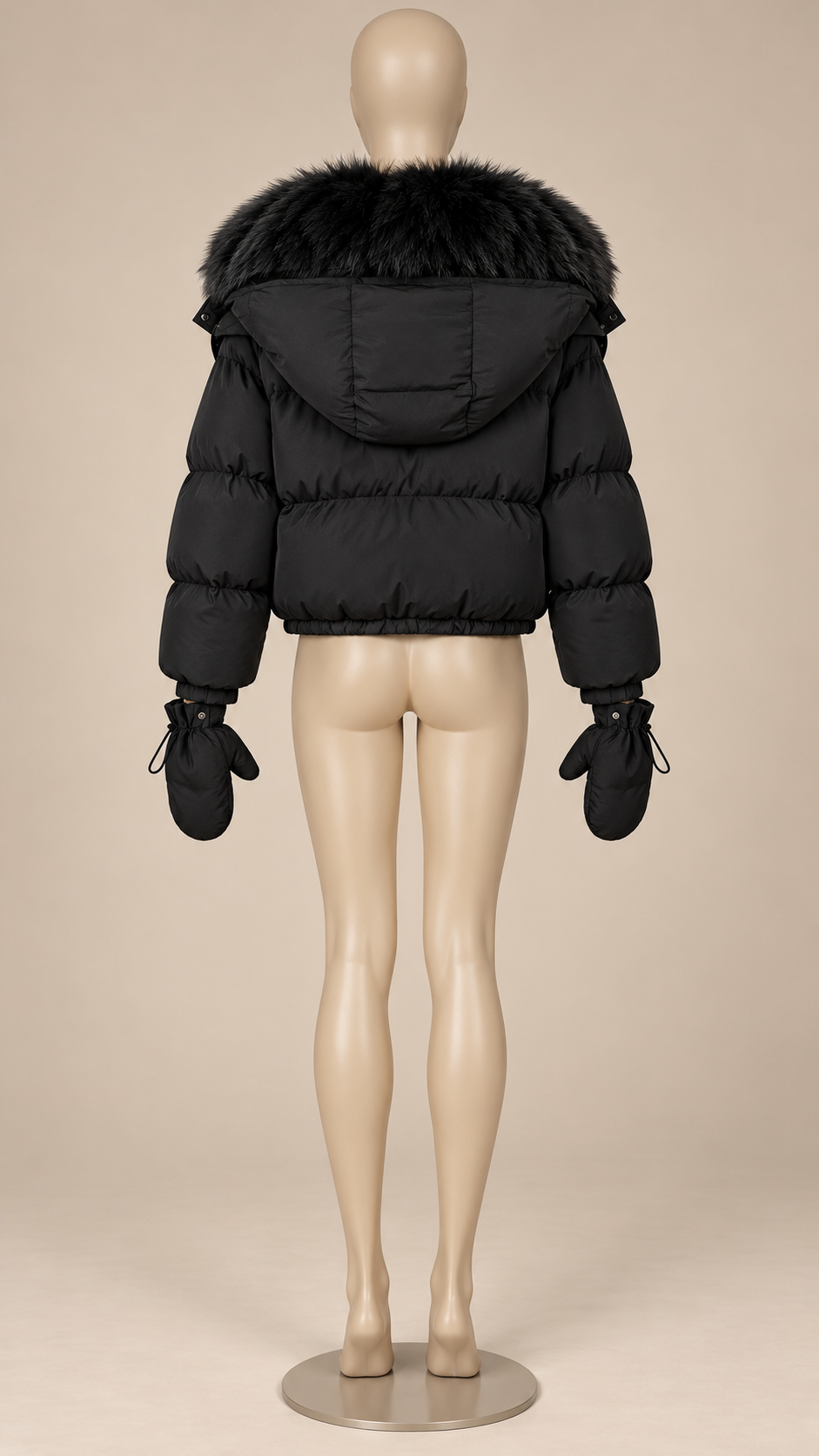 Anastasia Fox-Stole Hooded Puffer — Black mannequin back