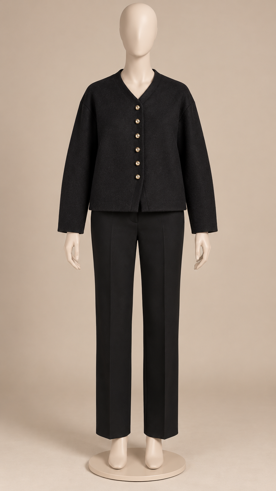 Adelaide Shank-Button Cardigan — Black mannequin front