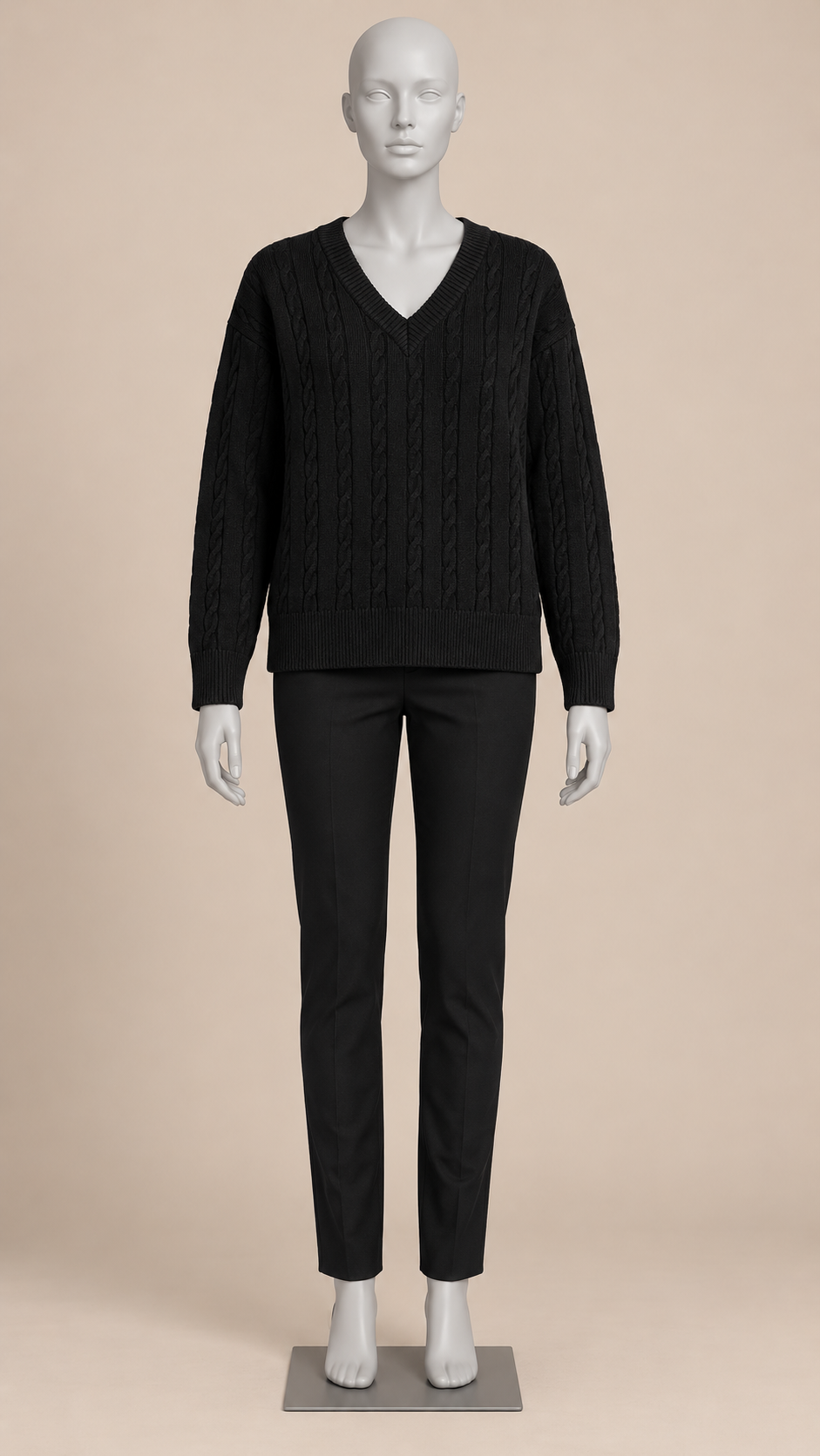 Marit Cable V-Neck Sweater — Black mannequin front