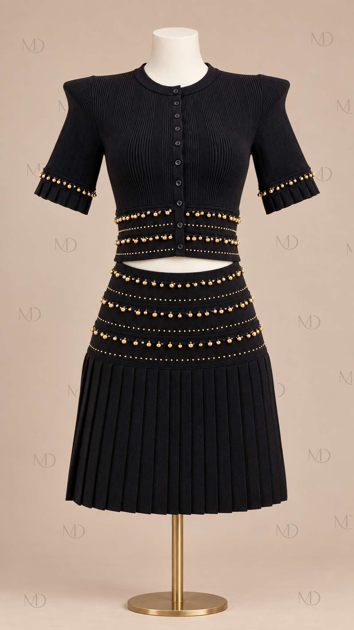 Odette Bell-Trim Knit Skirt Set — Black mannequin front