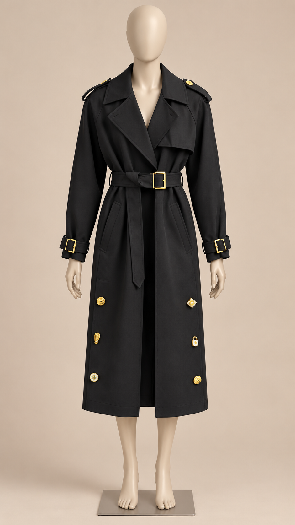 Tilda Gilt-Button Trench — Black mannequin front
