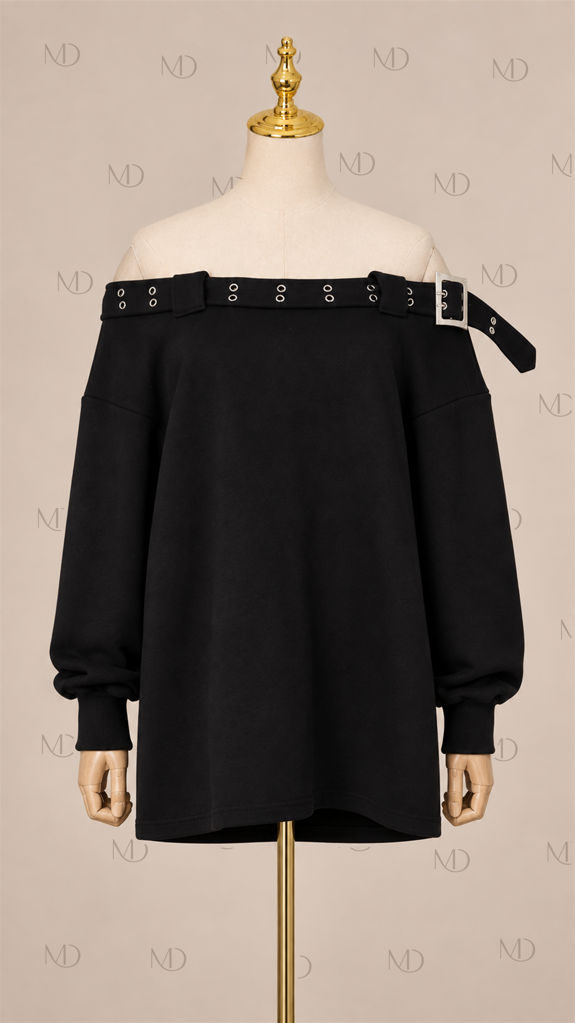 Nova Buckle Off-Shoulder Sweatshirt — Black mannequin front