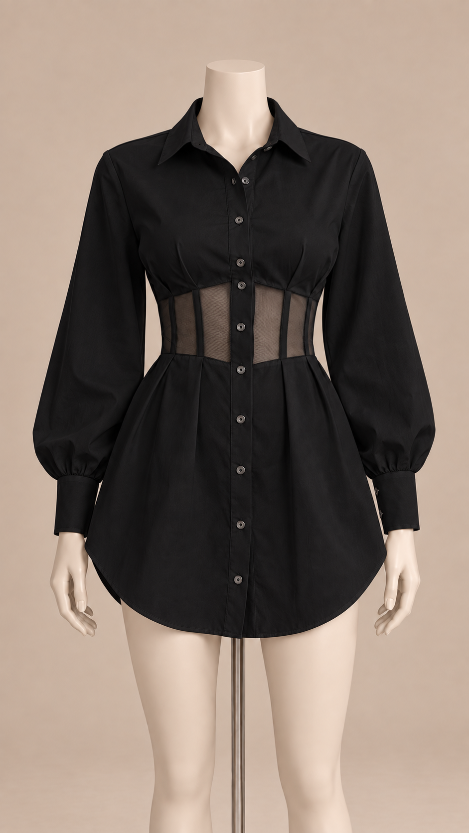 Rowan Corset Shirt Dress — Black mannequin front