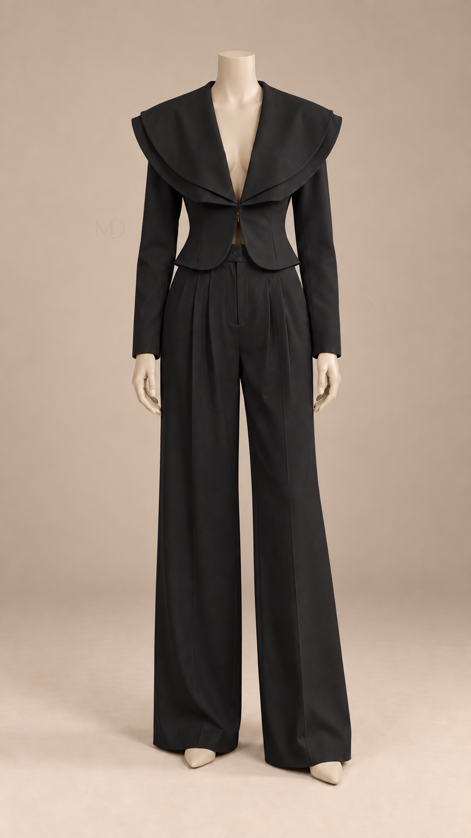 Celeste Wide-Lapel Suit Set — Black mannequin front