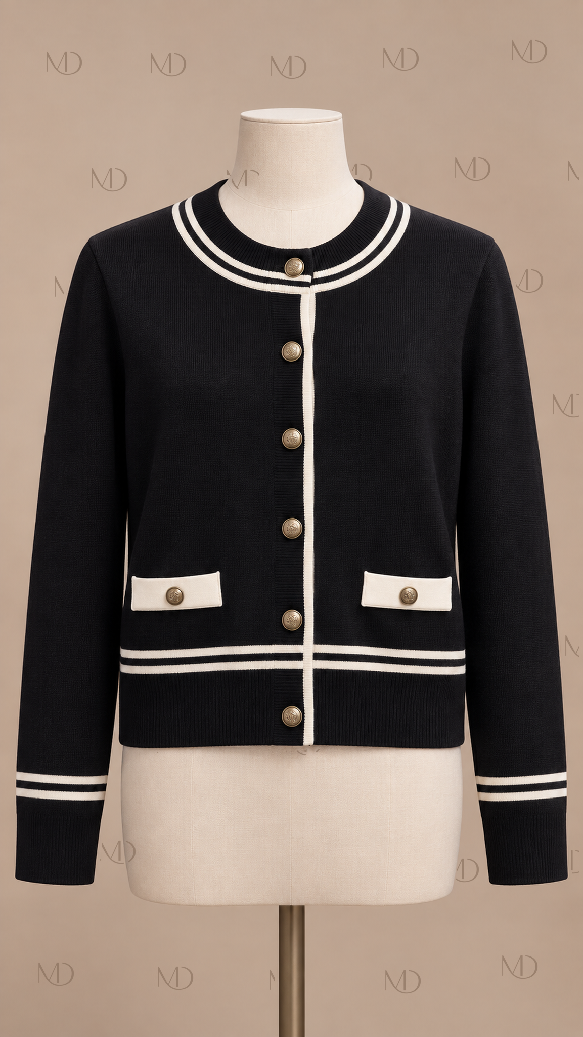 Colette Contrast Trim Cardigan — Black mannequin front