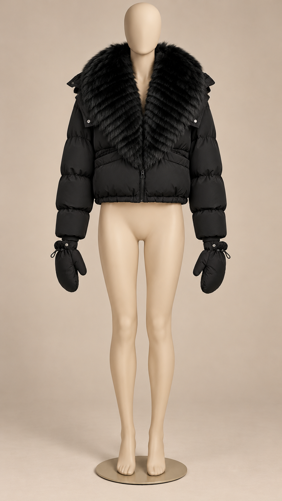 Anastasia Fox-Stole Hooded Puffer — Black mannequin front