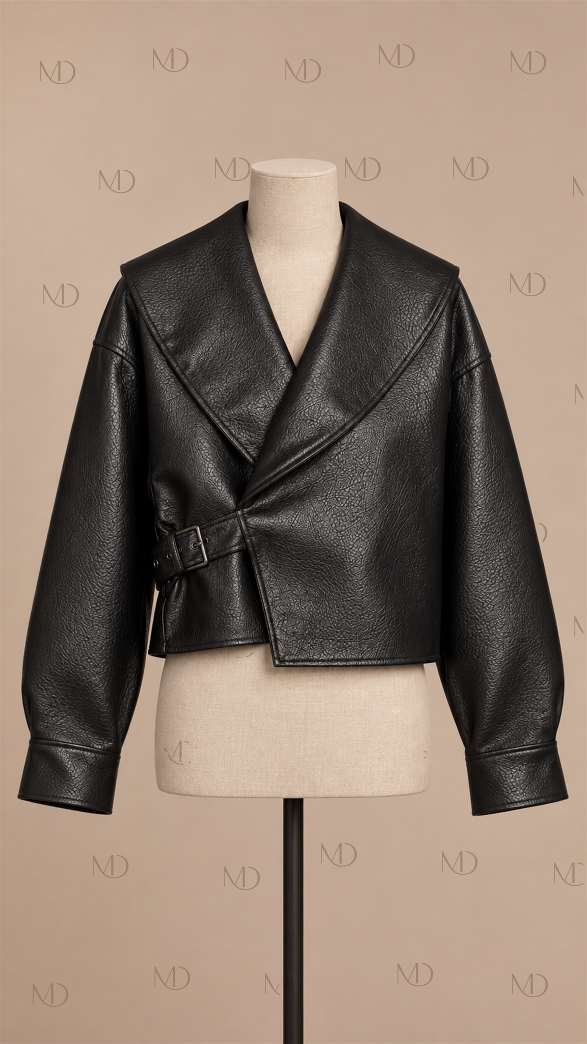 Raven Buckle Wrap Leather Jacket — Black mannequin front
