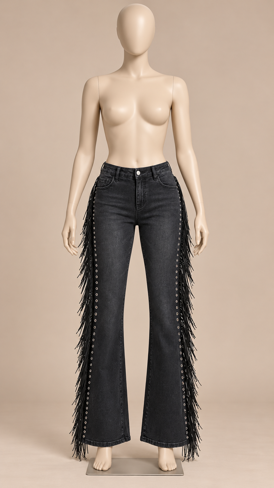 Saffira Fringe-Eyelet Jeans — Black mannequin front