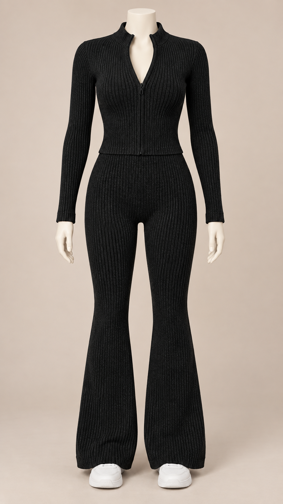 Nova Ribbed Flare Yoga Set — Black mannequin front