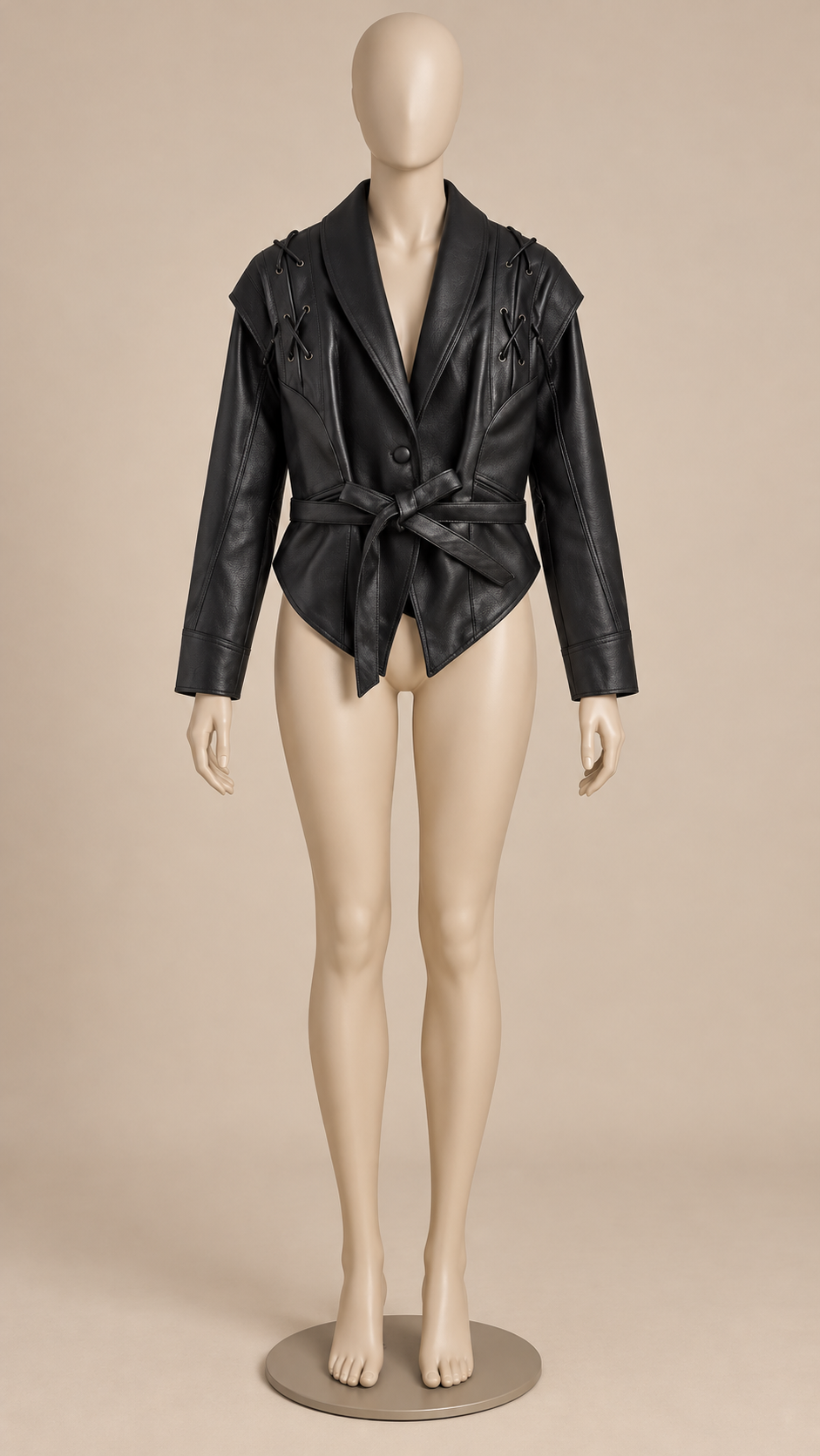 Annora Lace-Up Wrap Jacket — Black mannequin front