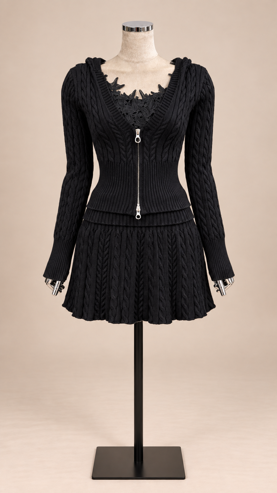 Elowen Hooded Knit Set — Black mannequin front