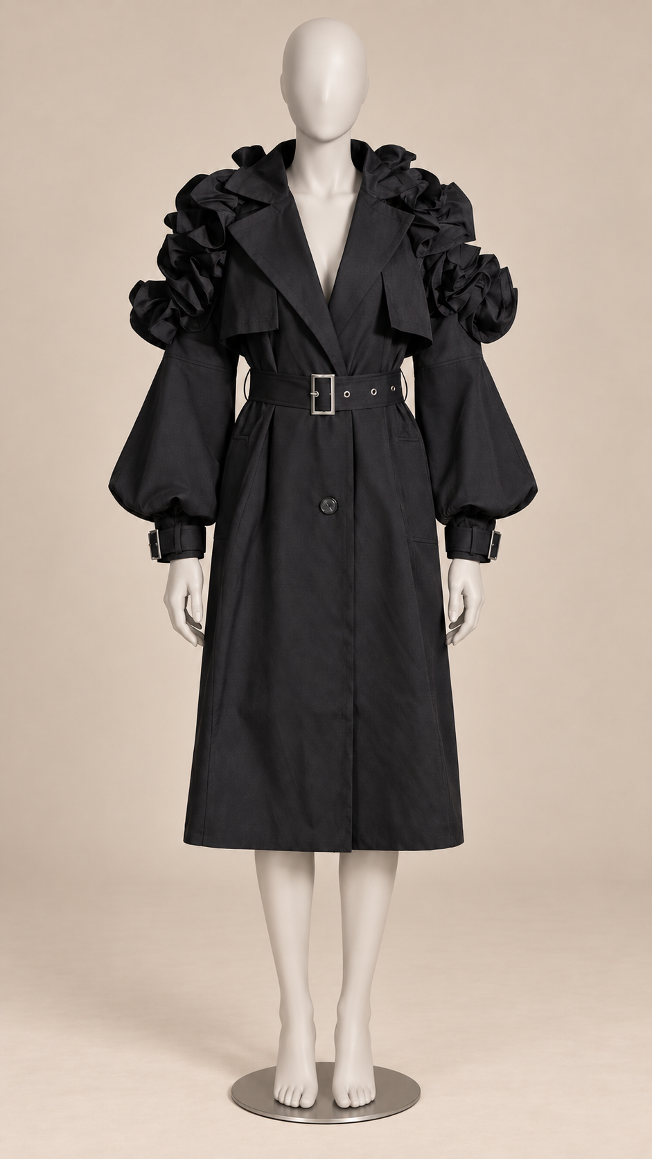 Sorcha Ruffle-Sleeve Trench — Black mannequin front