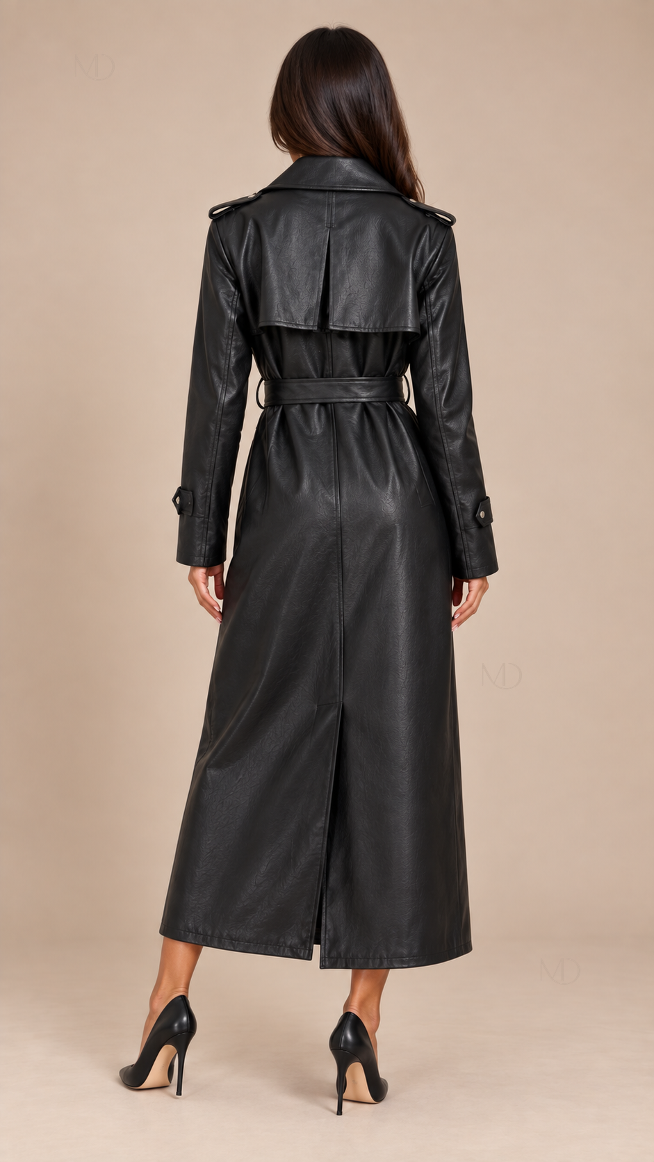 Roxane Belted Leather Trench — Black model back
