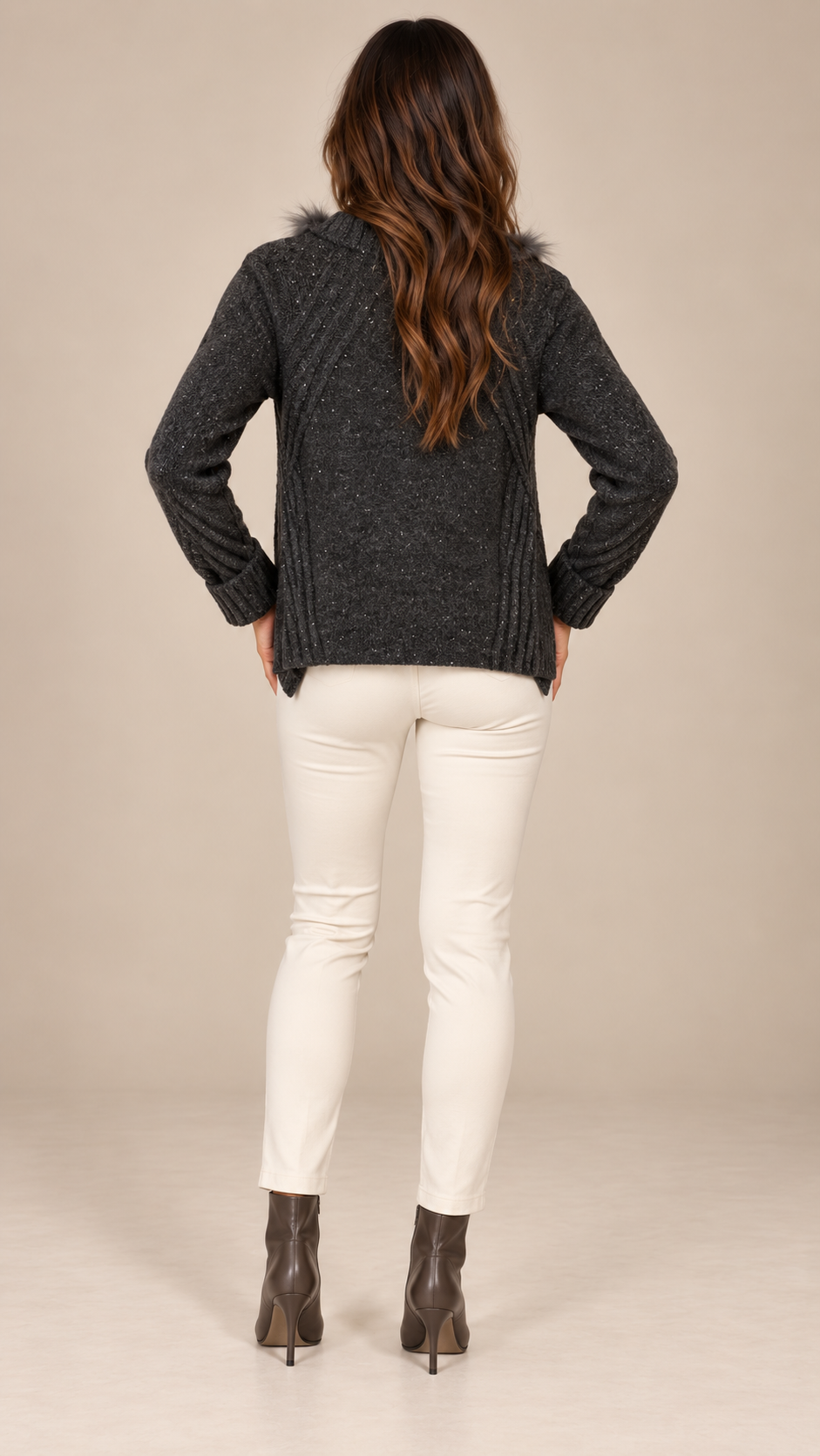 Delia Fur-Trim Cardigan — Black model back