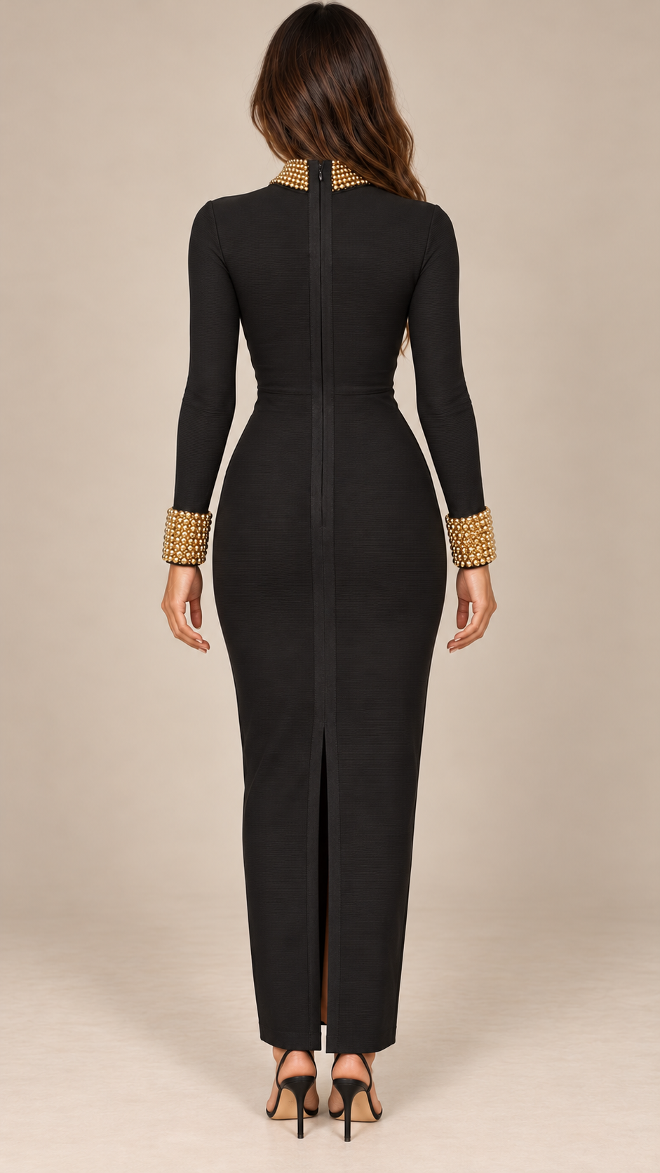 Zaira Gilded-Cuff Bandage Maxi — Black model back