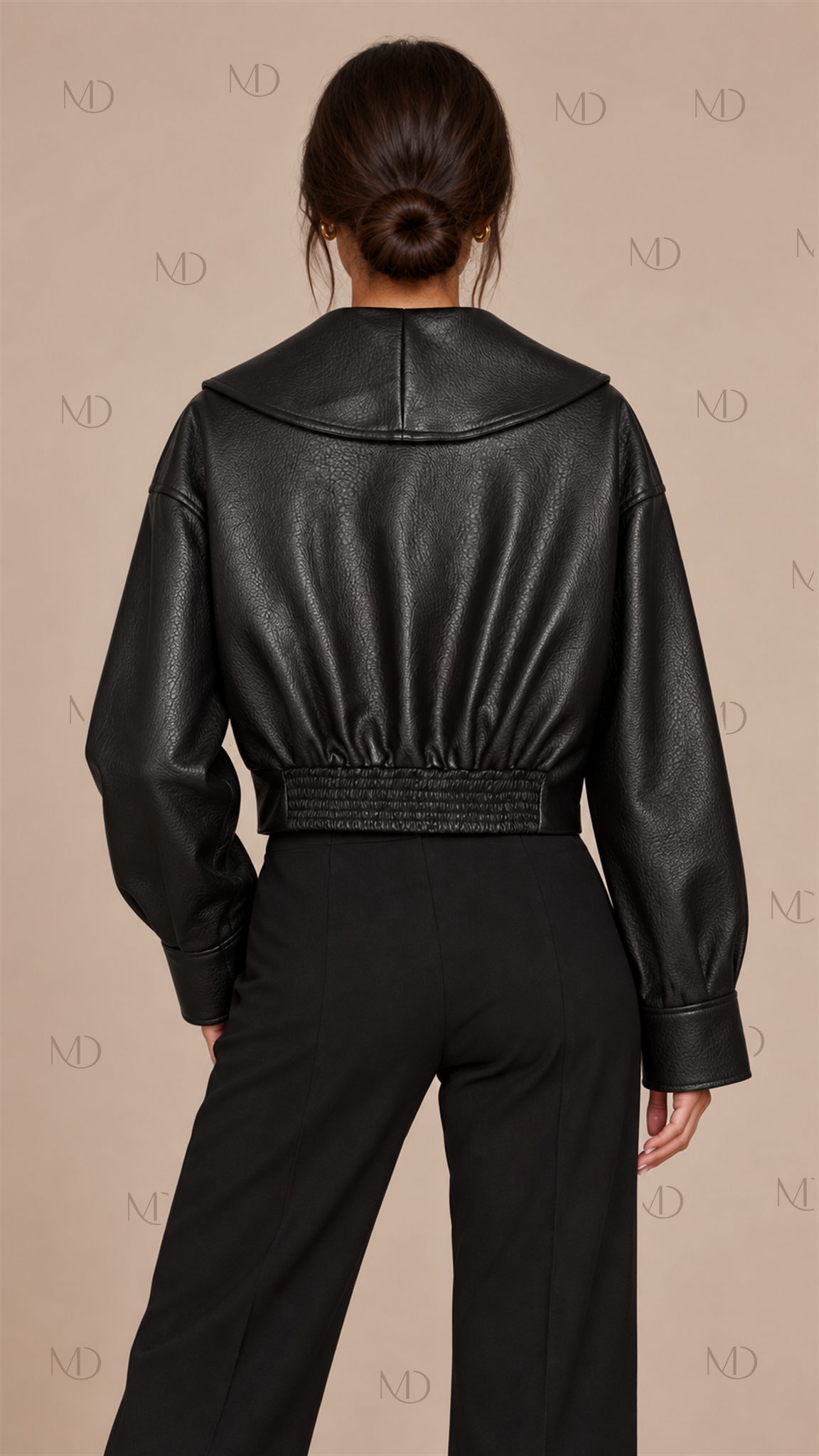 Raven Buckle Wrap Leather Jacket — Black model back