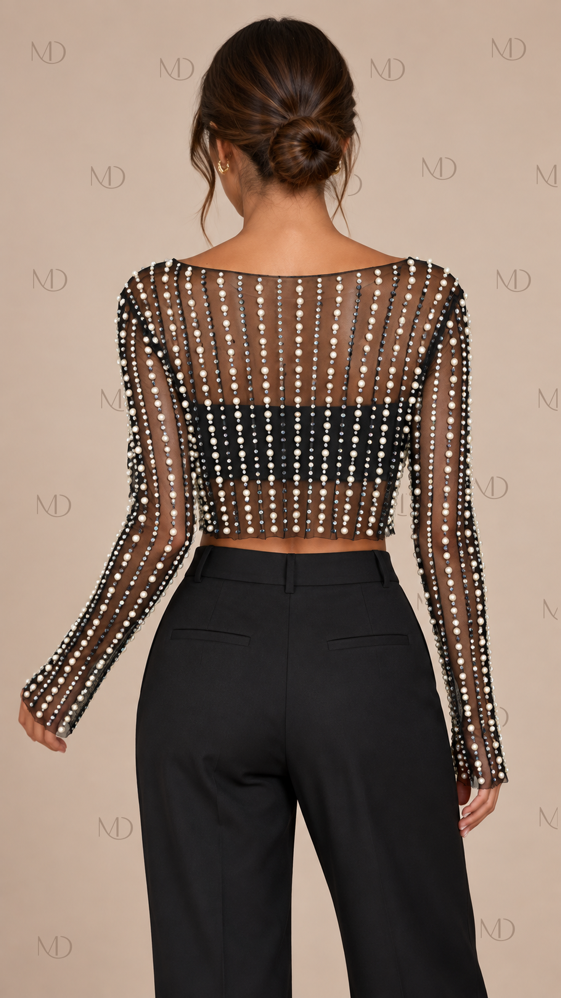 Perla Beaded Mesh Crop Top — Black model back