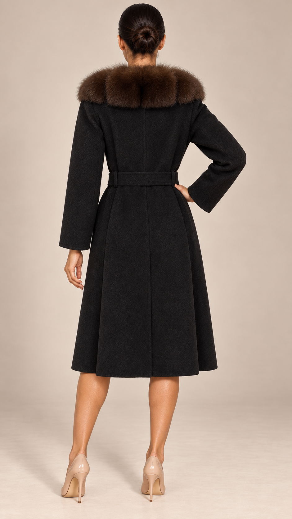 Seraphine Fur Collar Coat — Black model back