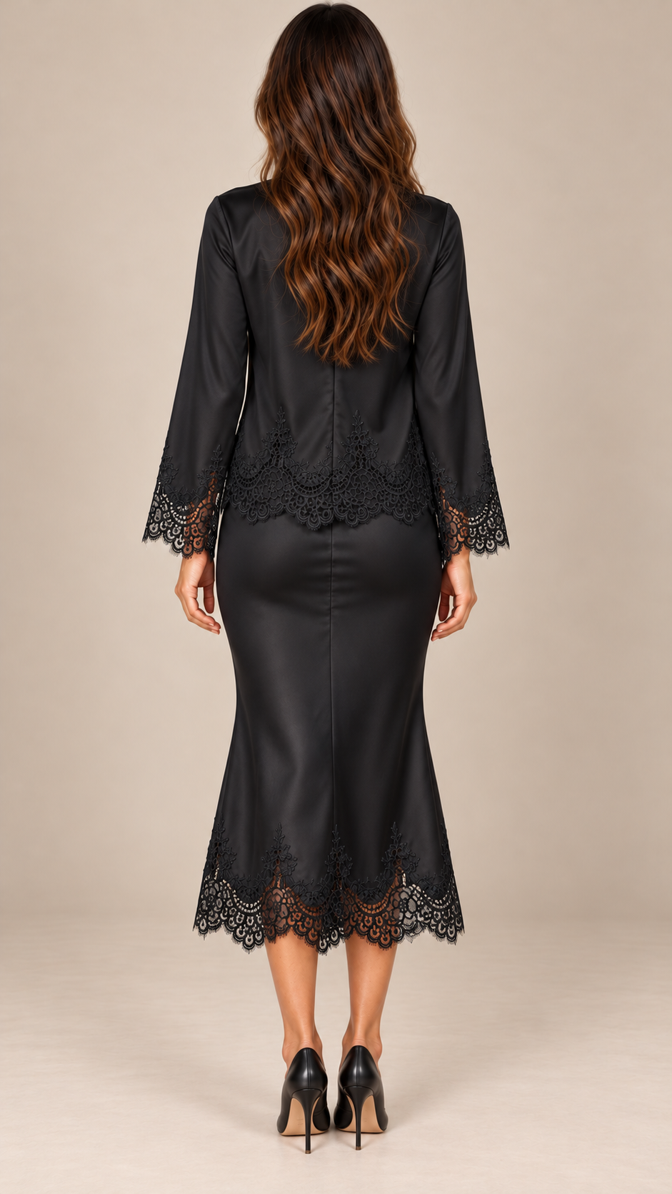 Aurelie Lace-Hem Skirt Set — Black model back
