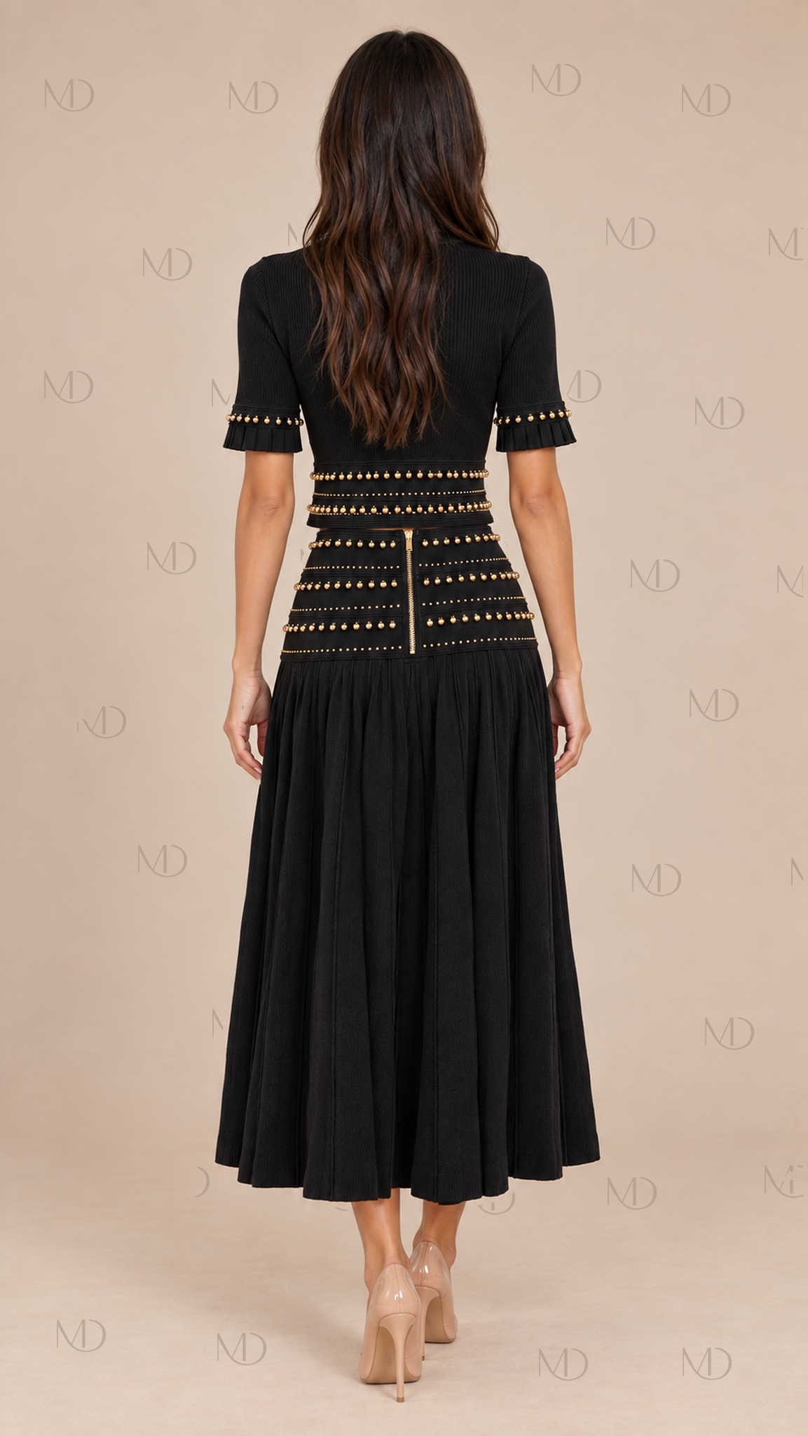 Seraphine Beaded Knit Skirt Set — Black model back