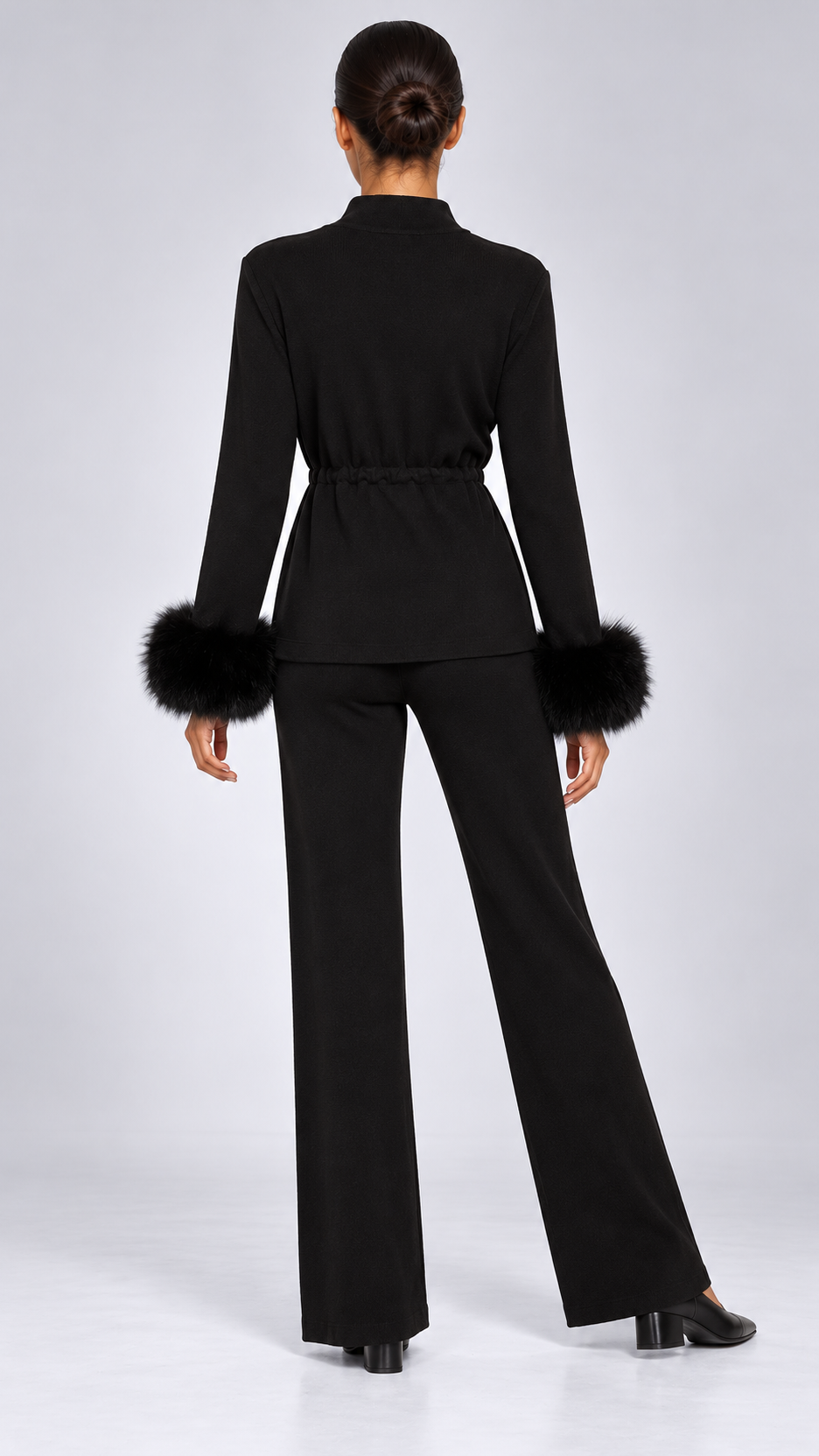 Solveig Tie-Waist Fur Set — Black model back