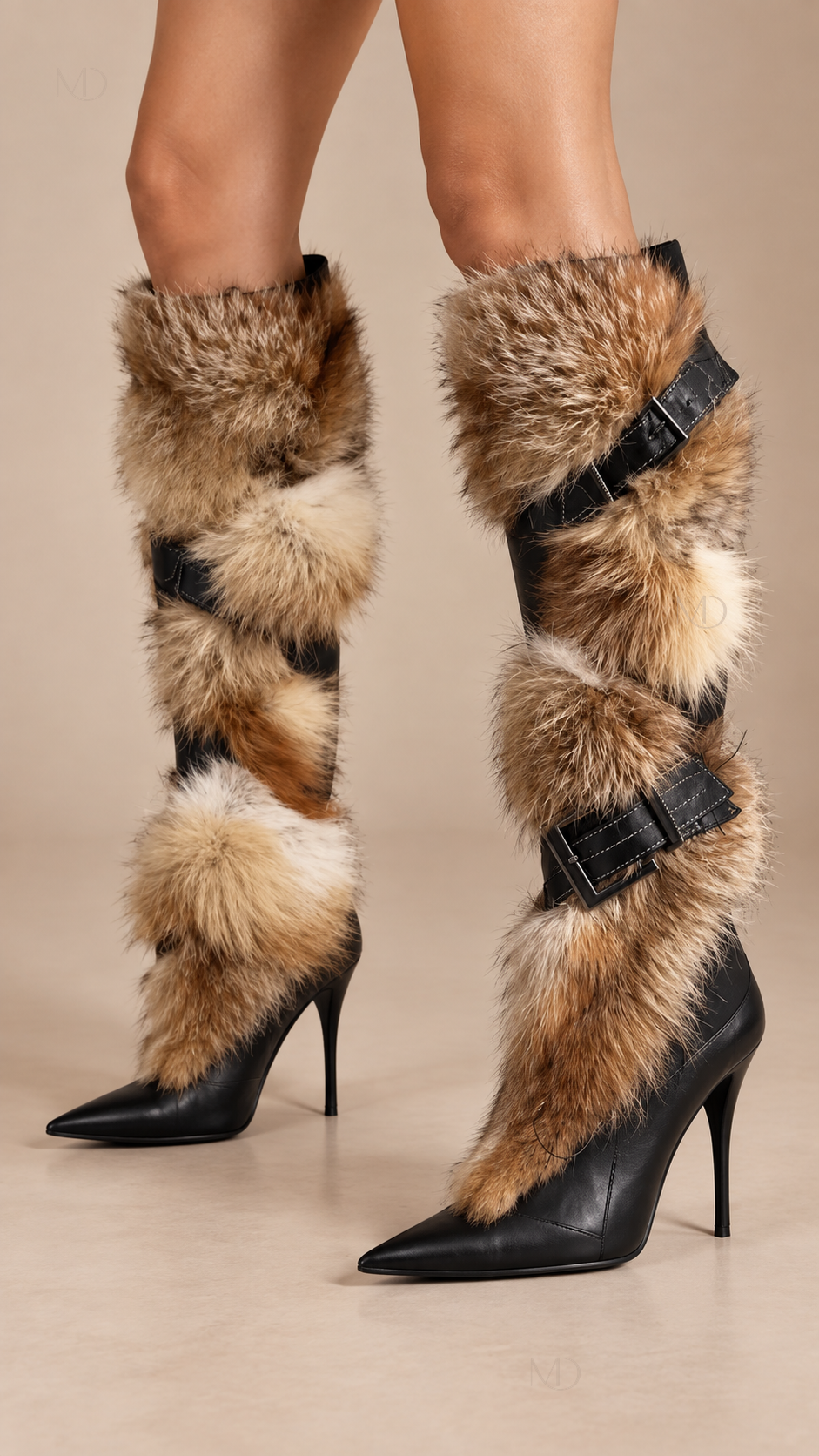 Sable Fur Stiletto Boots — Black model closeup