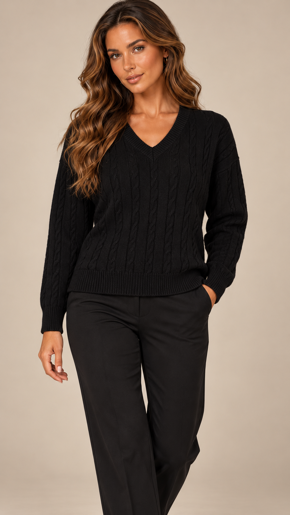 Marit Cable V-Neck Sweater — Black model front