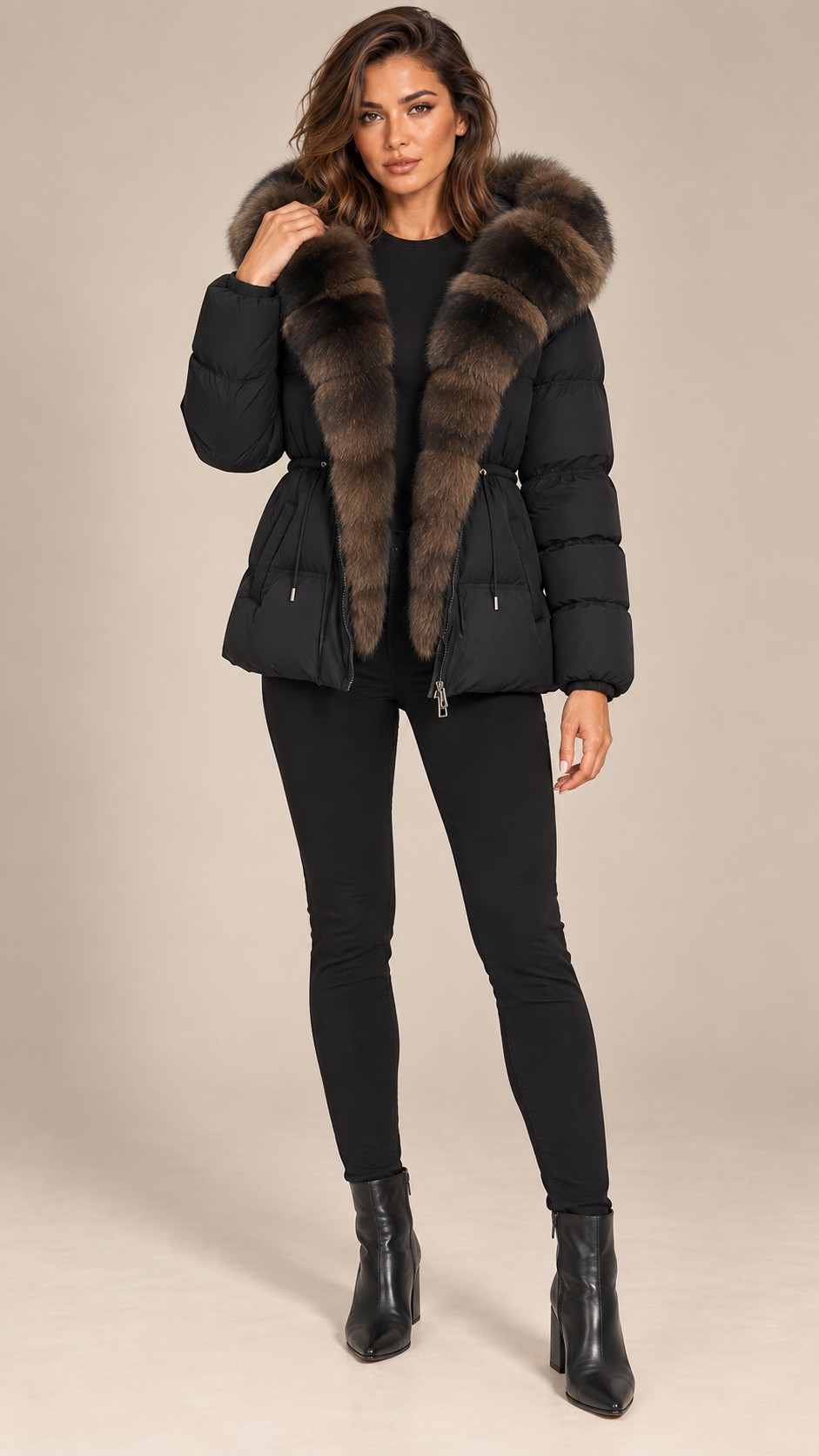 Isolde Fox-Hood Puffer — Black model front
