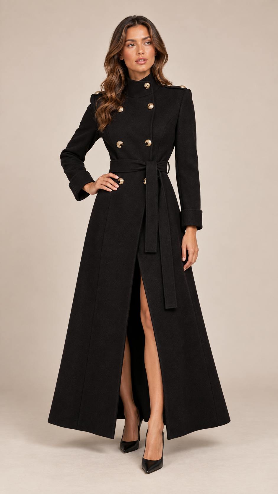 Vesper Belted Trench Coat — Black model front