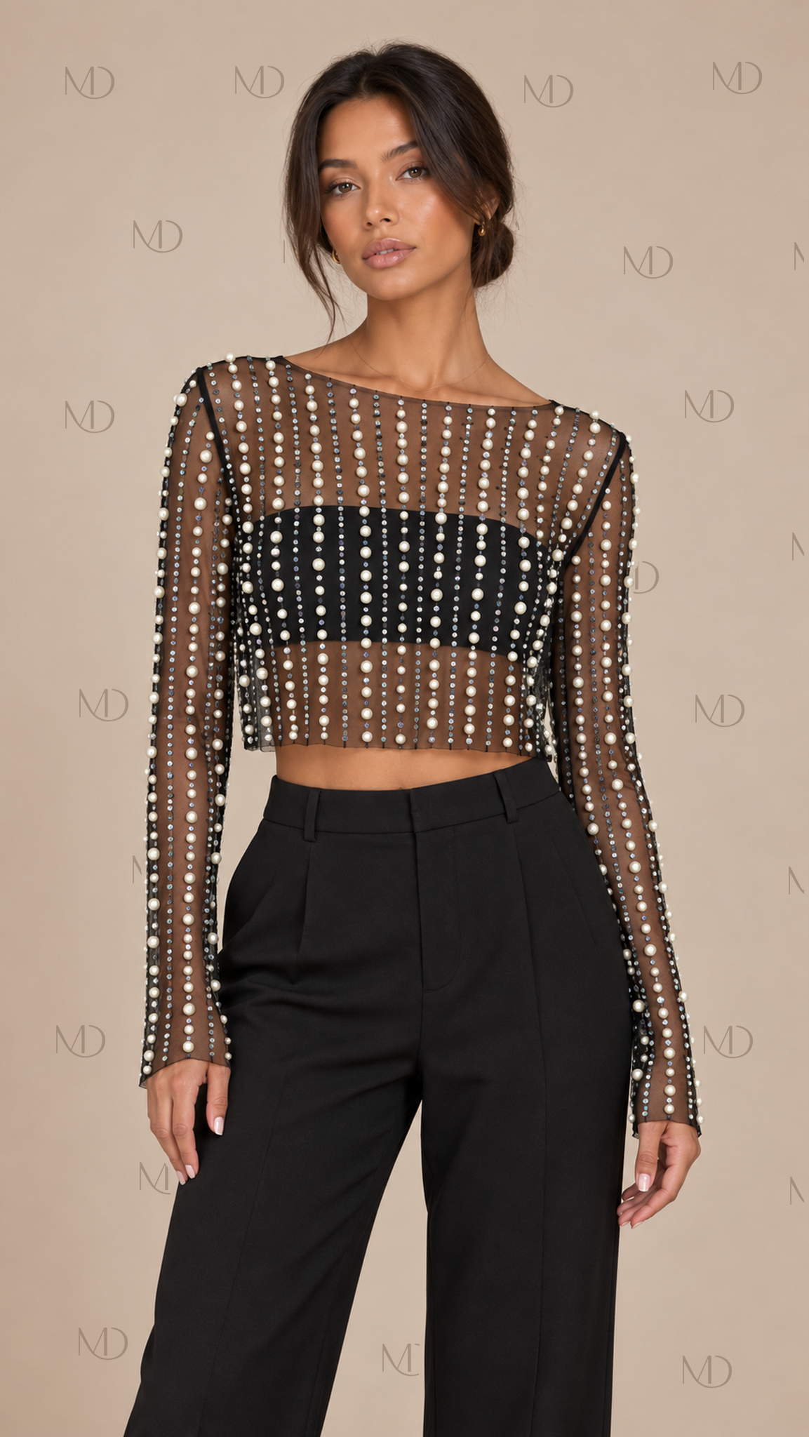 Perla Beaded Mesh Crop Top — Black model front