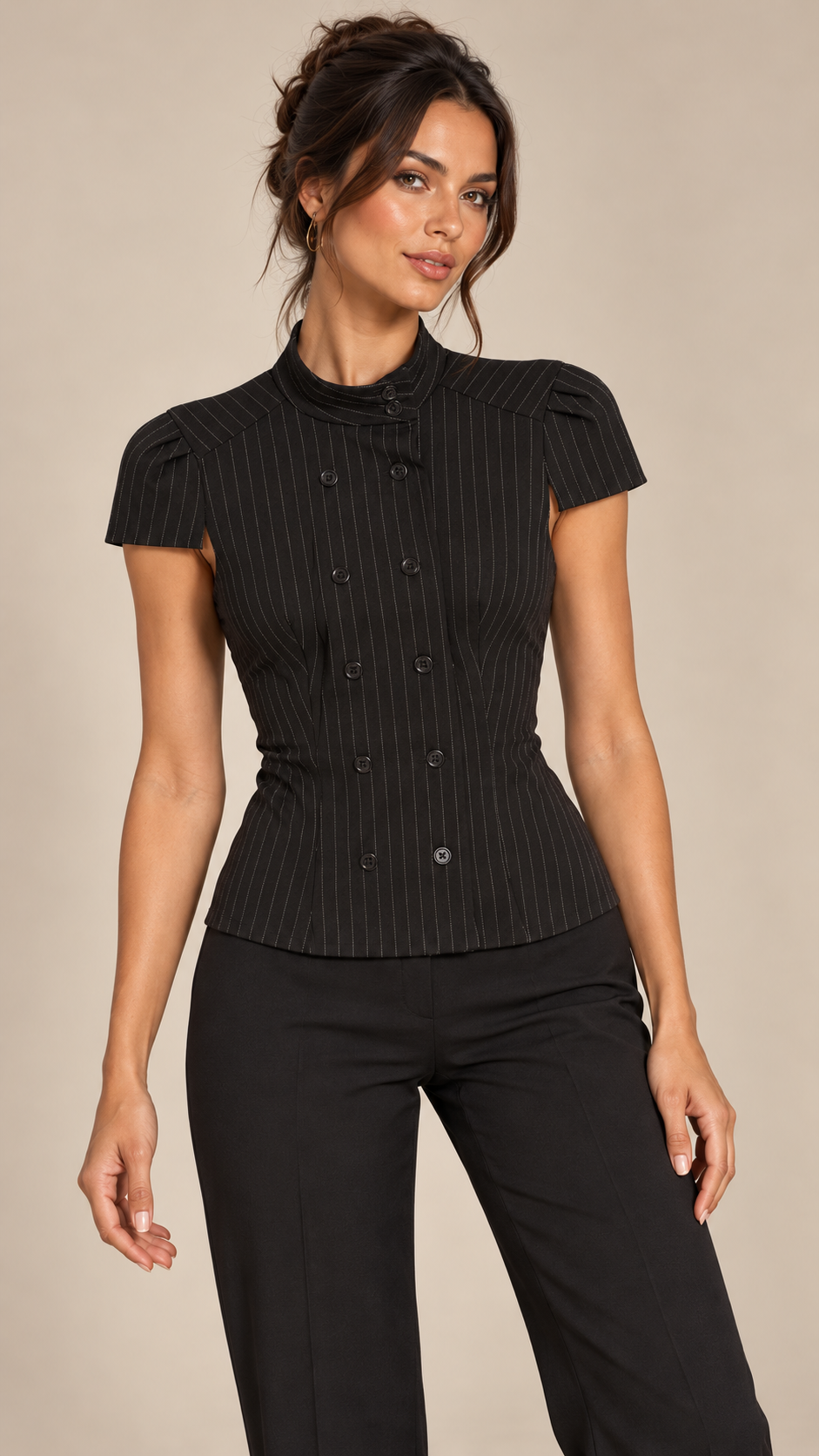 Odalie Check Cap-Sleeve Top — Black model front