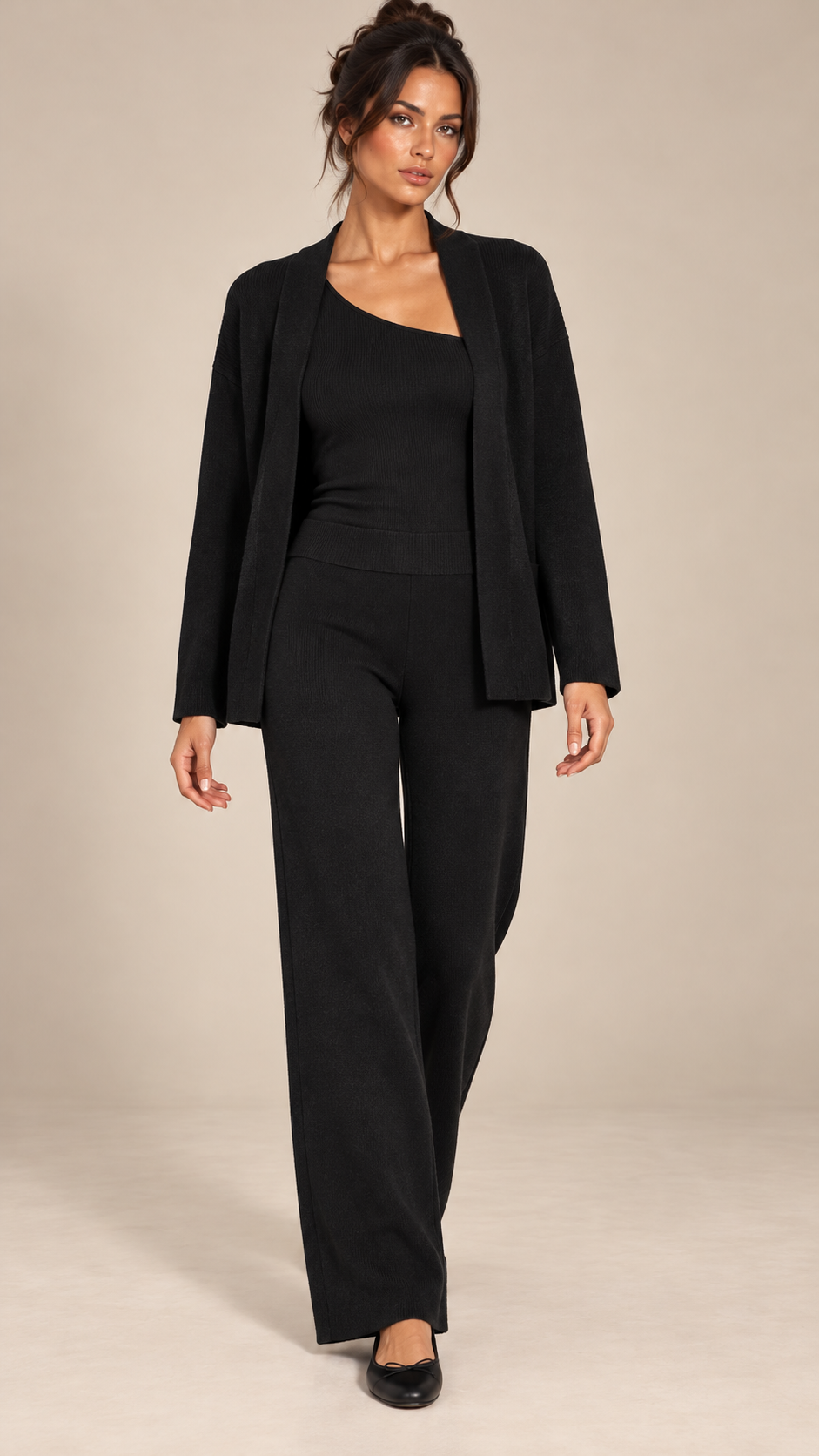 Gwenllian One-Shoulder Knit Set — Black model front