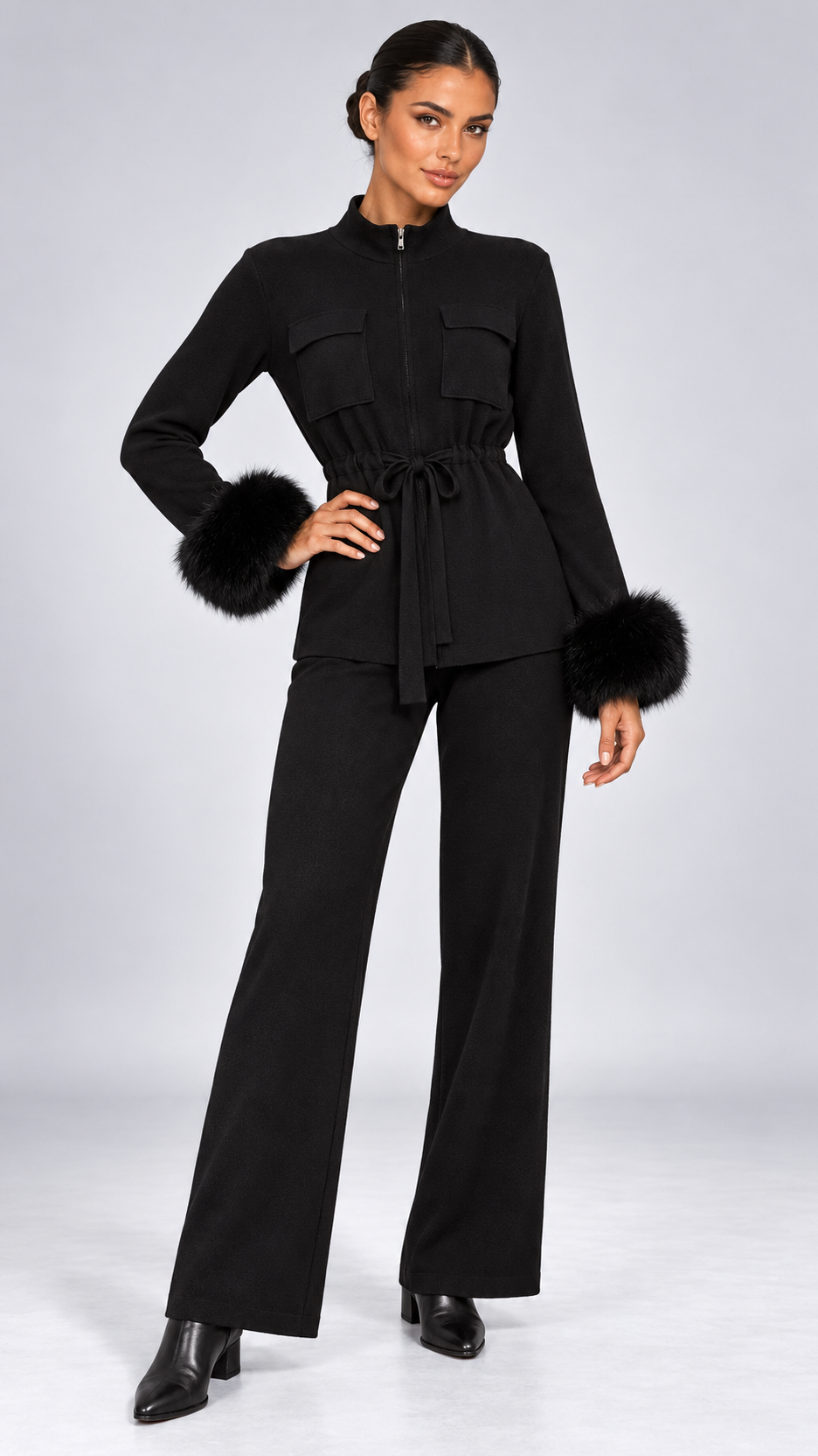 Solveig Tie-Waist Fur Set — Black model front