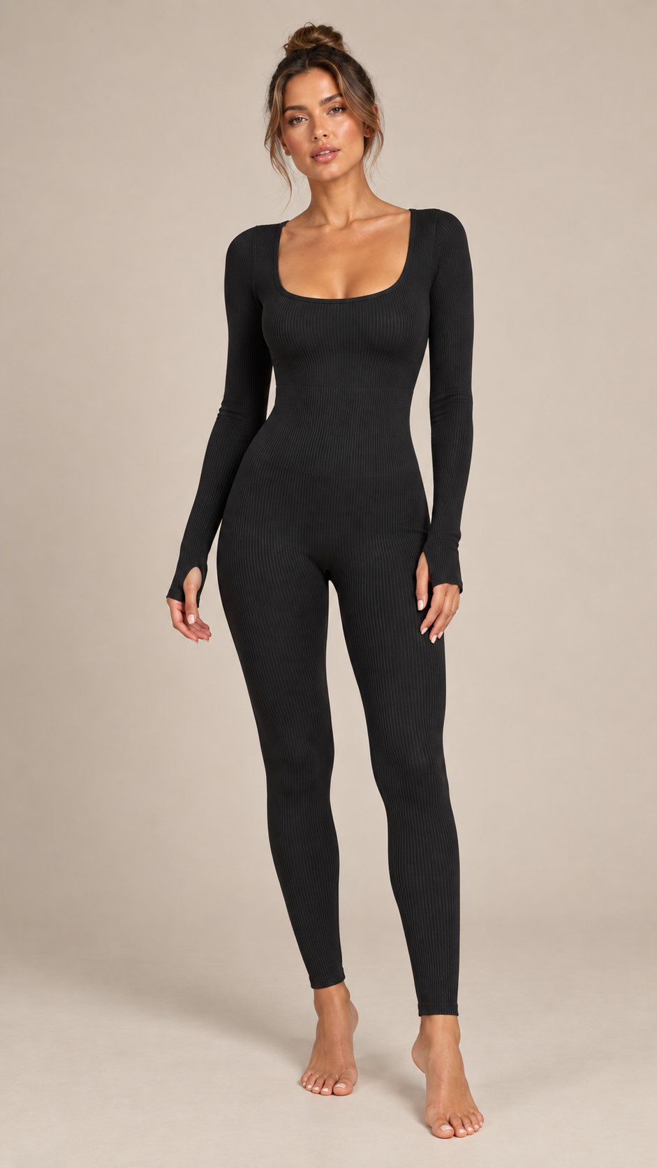 Sienna Ribbed Yoga Jumpsuit — Black model front