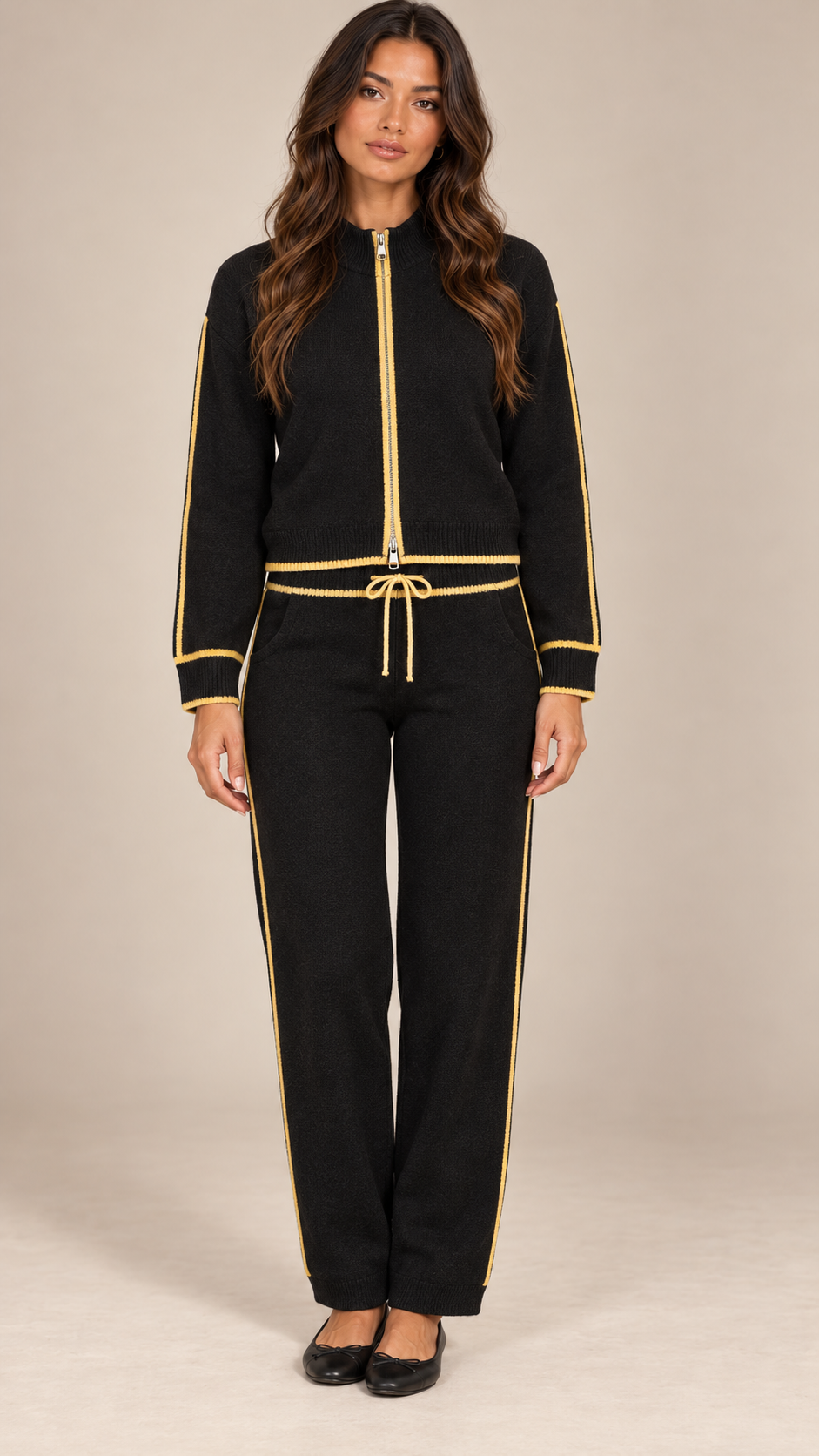 Henrietta Piped Knit Set — Black model front
